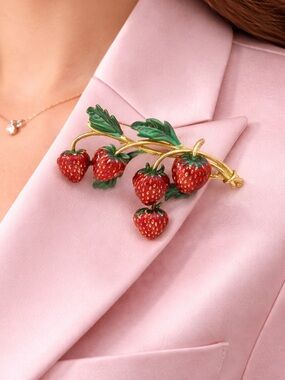 Red Strawberry Branch Enamel Brooch